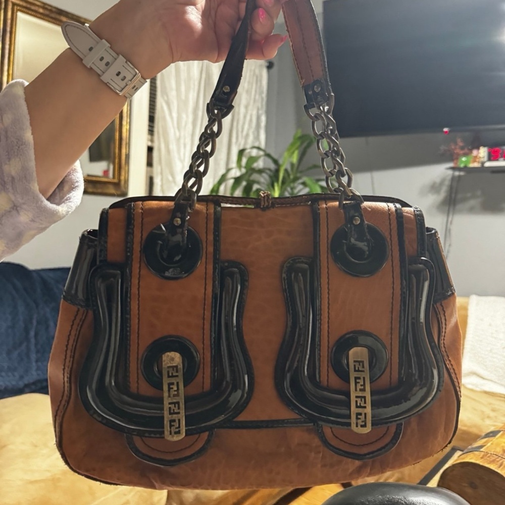 Fendi B Bag Camel And Black Patent Leather Satchel Purse Shoulder Classic Bag